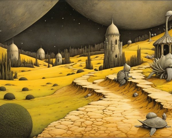 Surreal Landscape with Winding Path and Unique Structures