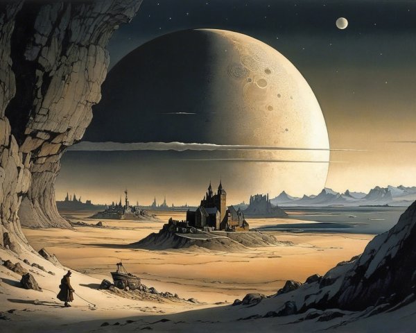 Alien Desert Landscape with Twilight Sky and Castle