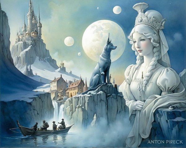 Majestic castle and ethereal woman in fantasy landscape