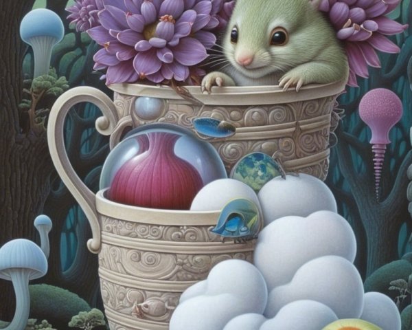 Whimsical Creature in a Flowered Teacup Scene