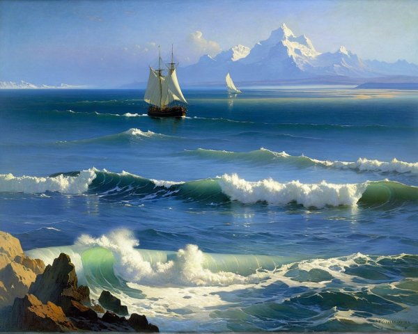 Serene Seascape with Ship and Snow-Capped Mountains