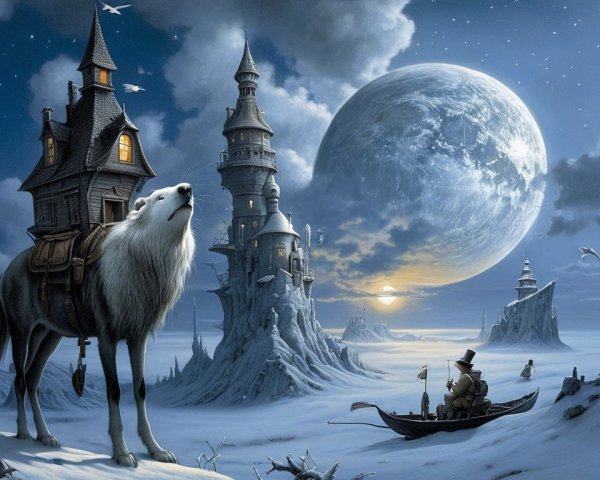 Surreal Landscape with Wolf and Twilight Castles