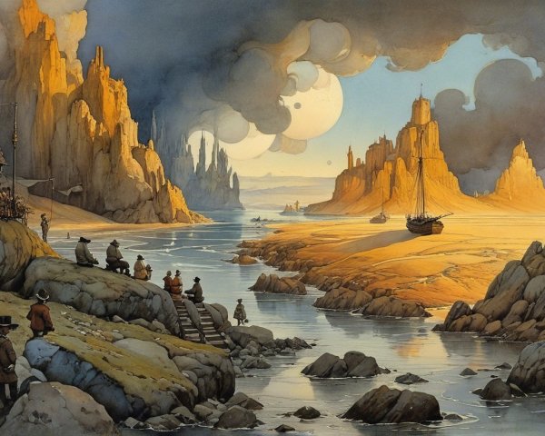Serene Landscape with Rock Formations and River