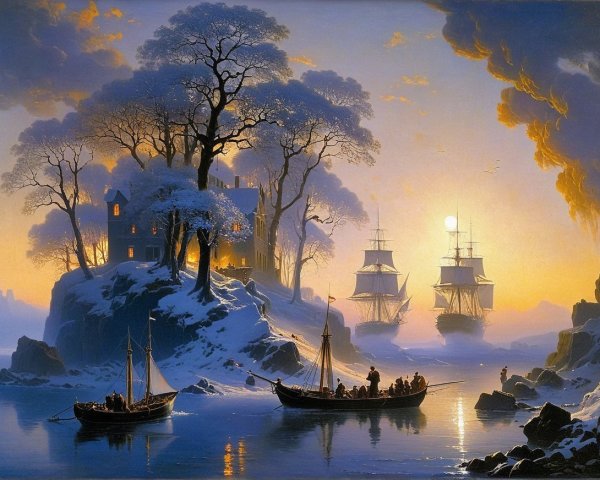 Serene Winter Landscape with Sunset and Ships