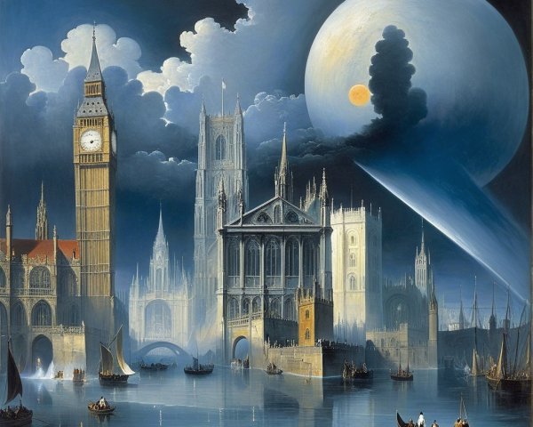 Surreal Cityscape with Iconic Structures and Water Reflection