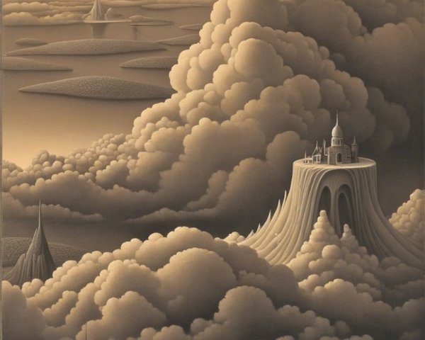Surreal Landscape with Clouds and Fantastical Structures