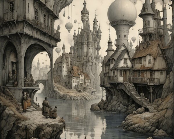 Serene River in a Charming Village with Castles