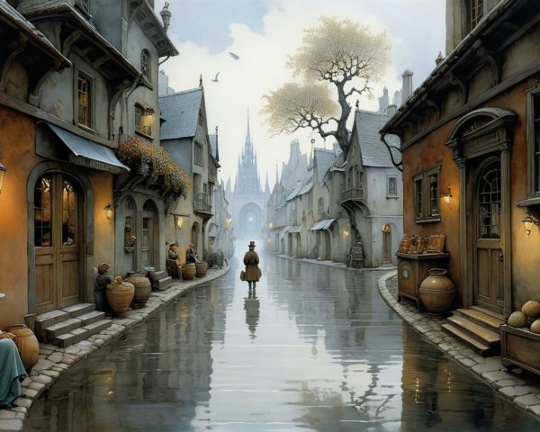 Cobblestone Street with Lanterns and Market Stalls