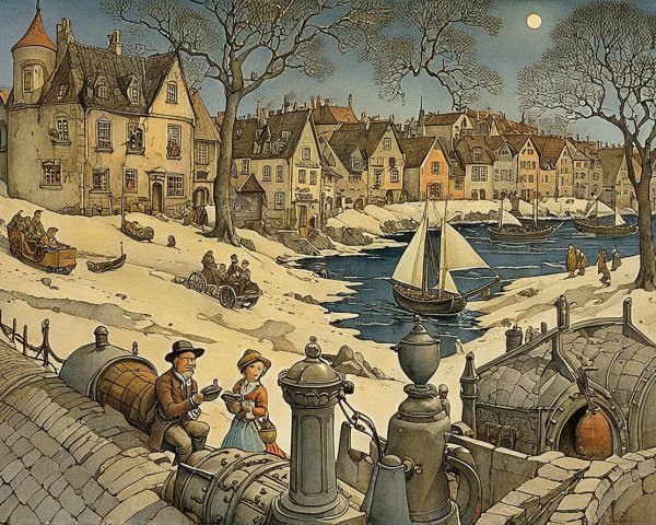 Snow-Covered Village with Vintage Train and Moonlight