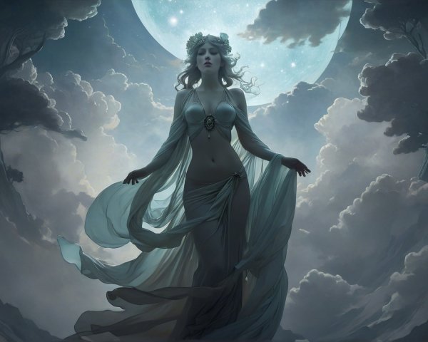 Mystical Figure Beneath Luminous Full Moon and Clouds