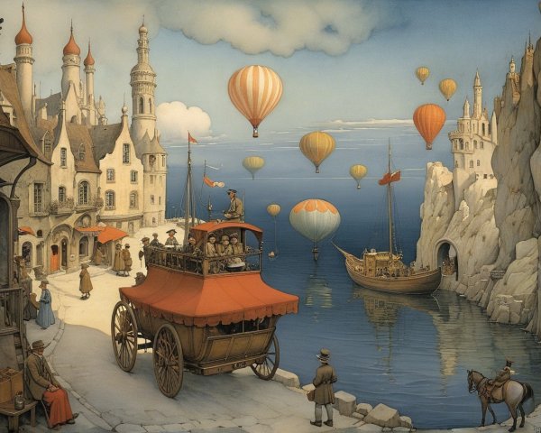 Quaint seaside village with whimsical architecture and balloons