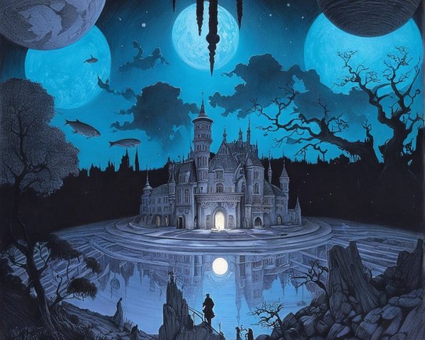 Mystical Castle Amidst Night Sky and Waterbody