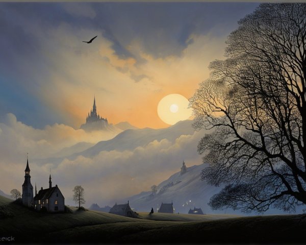 Dawn Landscape with Misty Hills and Quaint Village