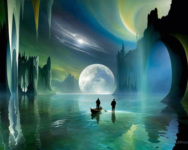Surreal Landscape with Crystalline Formations and Moon