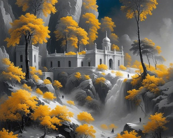 Tranquil Landscape with Temple and Waterfall Scene