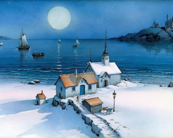 Tranquil Winter Landscape with Village and Moonlight