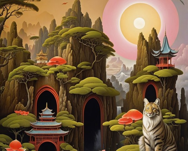Serene Landscape with Mountains and Tiger in Foreground