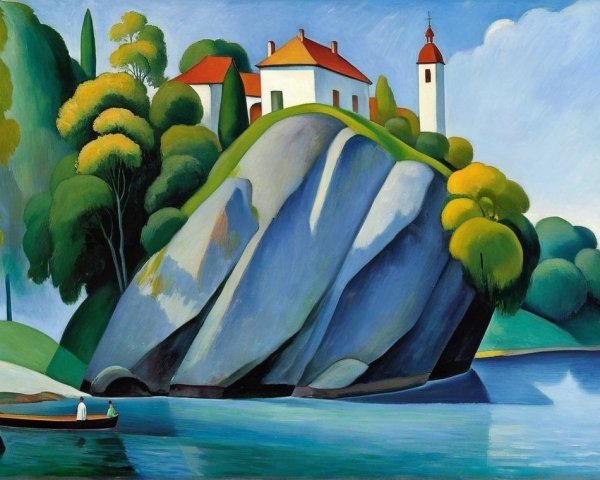 Serene Landscape with Rock Formation and Lake Scene