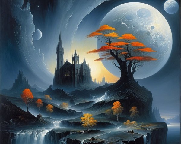 Mystical Landscape with Castle and Cosmic Sky