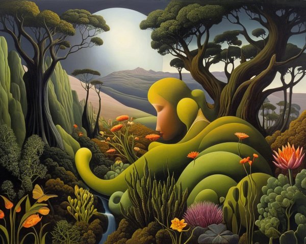 Surreal Landscape Blending Woman and Nature Elements