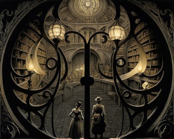 Grand Library Viewed Through Ornate Wrought-Iron Gate
