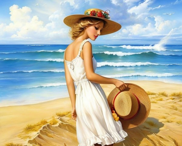 Young Woman in White Dress at Sunlit Beach