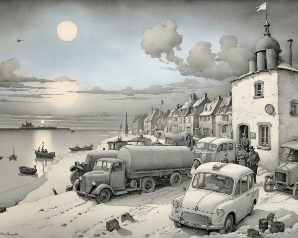 Twilight Coastal Scene with Vintage Cars and Boats