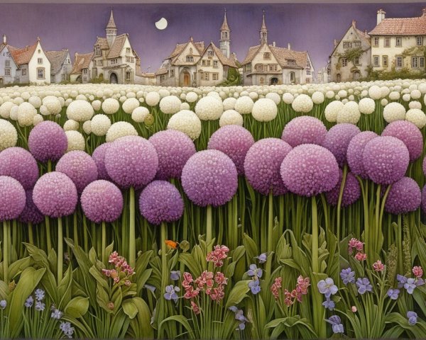 Vibrant Landscape with Oversized Flowers and Houses