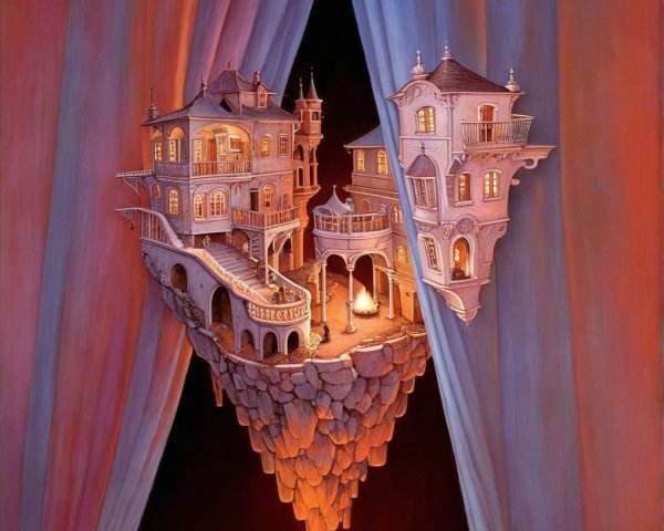 Whimsical Floating Houses on Heart-Shaped Base