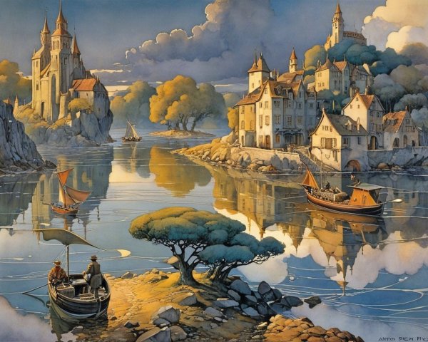 Tranquil River Landscape with Castles and Sailboats