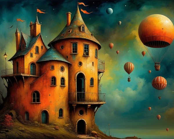 Whimsical Castle Structure with Colorful Hot Air Balloons