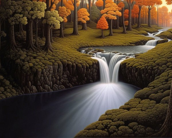Serene Landscape with Waterfall and Autumn Foliage