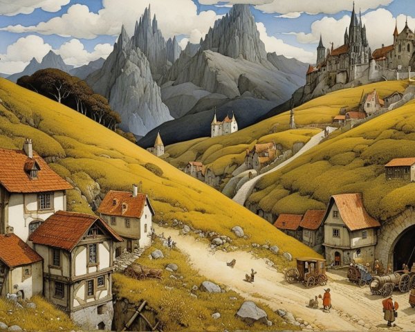 Serene Village Landscape with Rolling Hills and Mountains