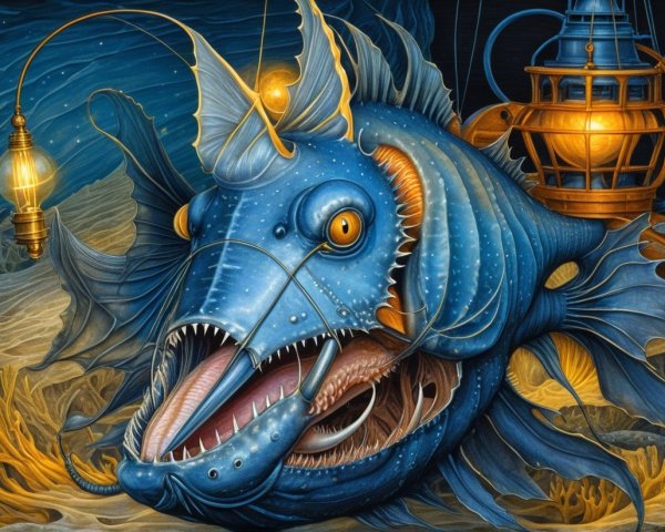 Deep-Sea Creature with Vibrant Blue Hue and Lantern
