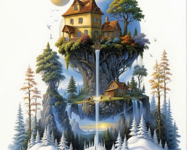 Fantastical Landscape with Floating Islands and Waterfalls