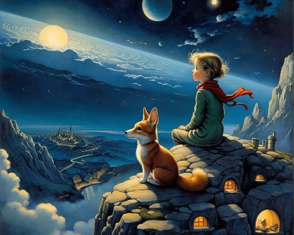 Boy and Corgi Overlook Village Under Starry Sky