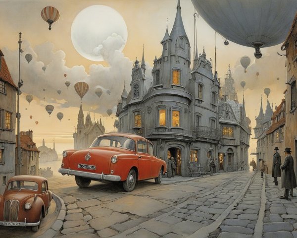Dreamlike Scene of Cobblestone Street with Balloons