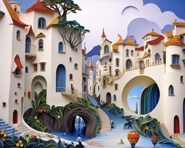 Whimsical Village Scene with Colorful Architecture