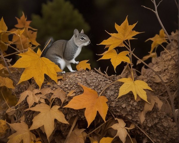 Gray Squirrel on Log Surrounded by Autumn Leaves