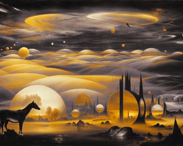 Surreal Landscape with Cosmic Elements and Celestial Bodies