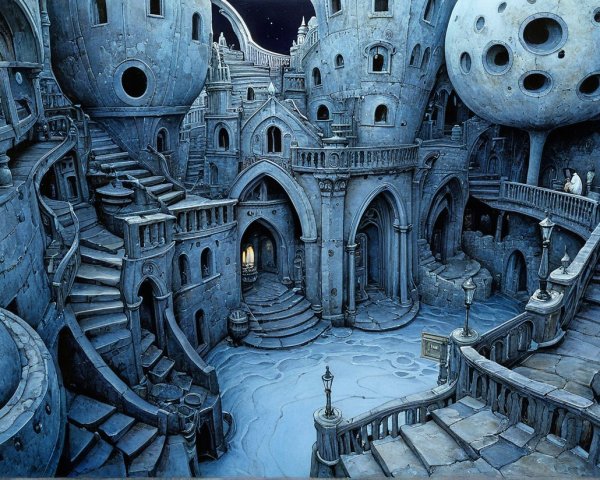 Surreal Architectural Scene with Intricate Stonework