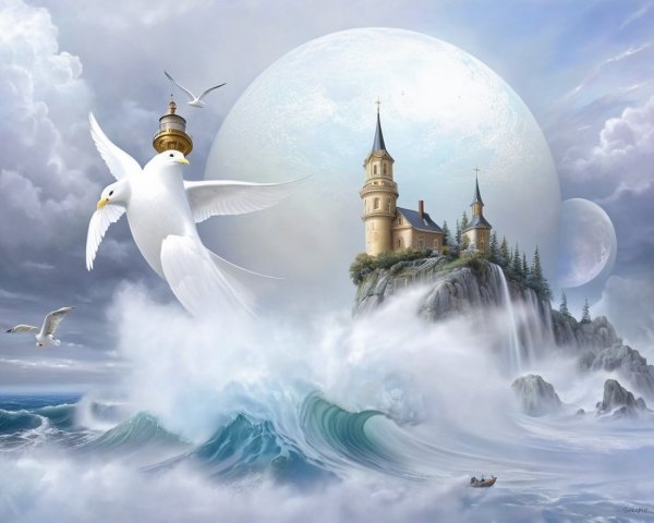 Surreal Landscape with Castle and Dramatic Coastline