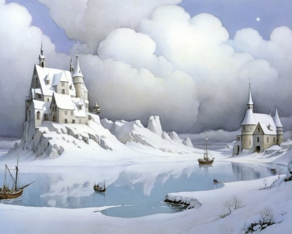Winter Landscape with Castle and Reflective Lake