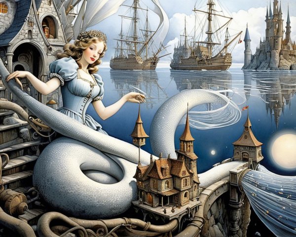 Whimsical Scene of Woman and Ethereal Serpent