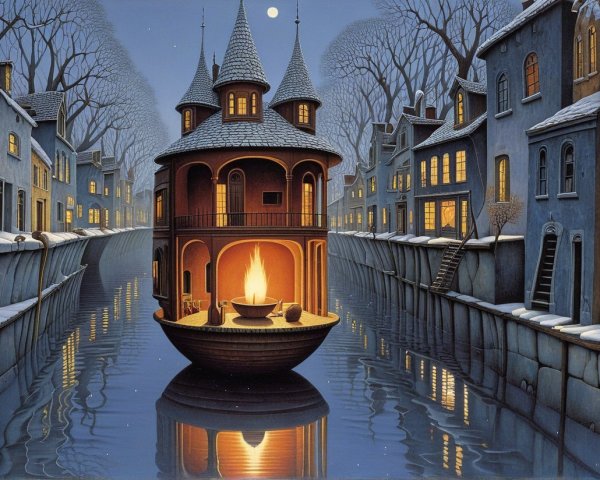Floating House in a Wintry Canal Landscape