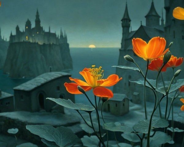 Vibrant Orange Flowers in a Mystical Landscape Scene