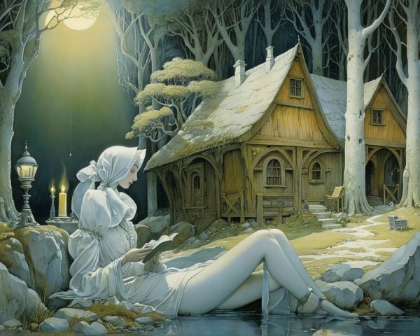 Serene Woman Reading by Moonlit Lake in Forest