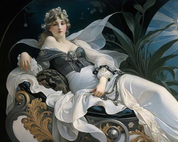 Elegant woman on ornate chaise lounge in white gown