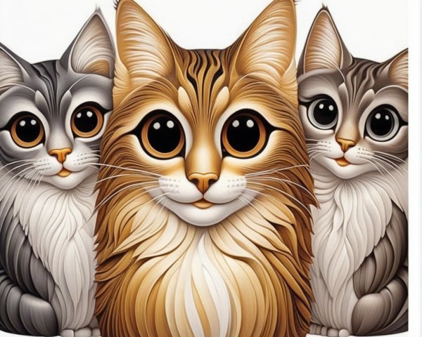 Playful Illustration of Three Stylized Cats with Patterns