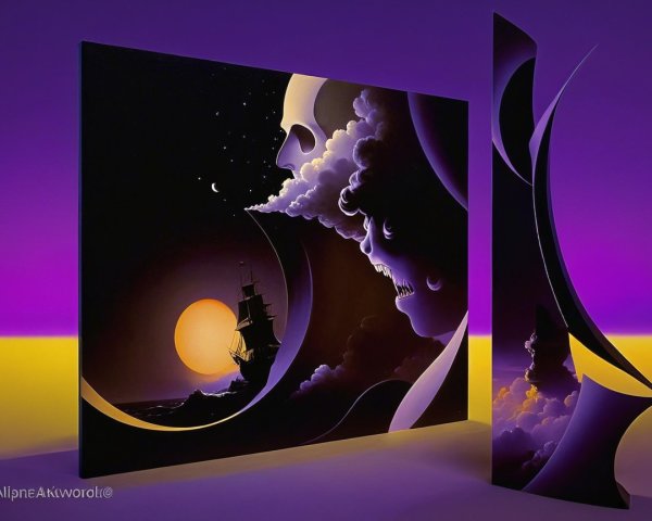 Surreal Artwork with Skull, Ship, and Dramatic Sky
